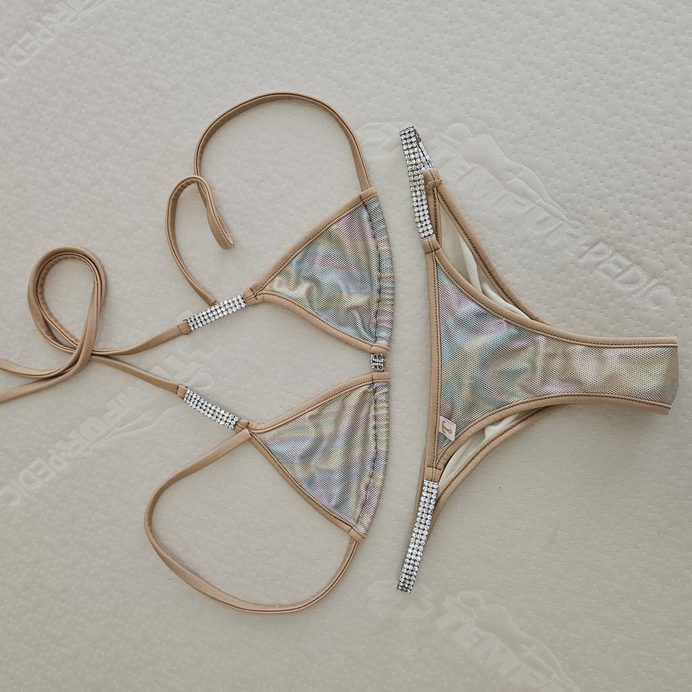 Teeny B Iridescent And Tan Bikini Set with Triangle Top And Rhinestone Trim